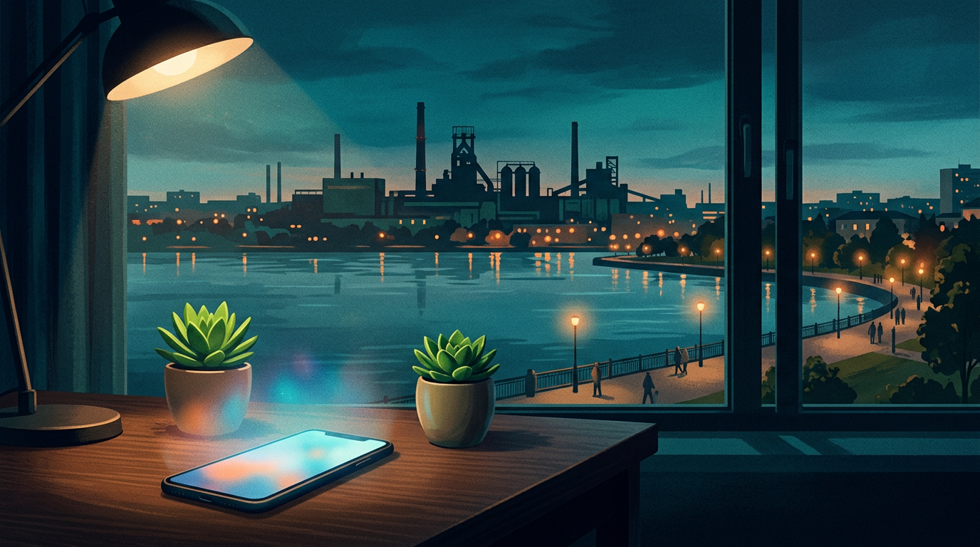 Иллюстрация к материалу о помощи при зависимости от ставок: городской контекст и символический образ выхода из игры без призыва к беттингу