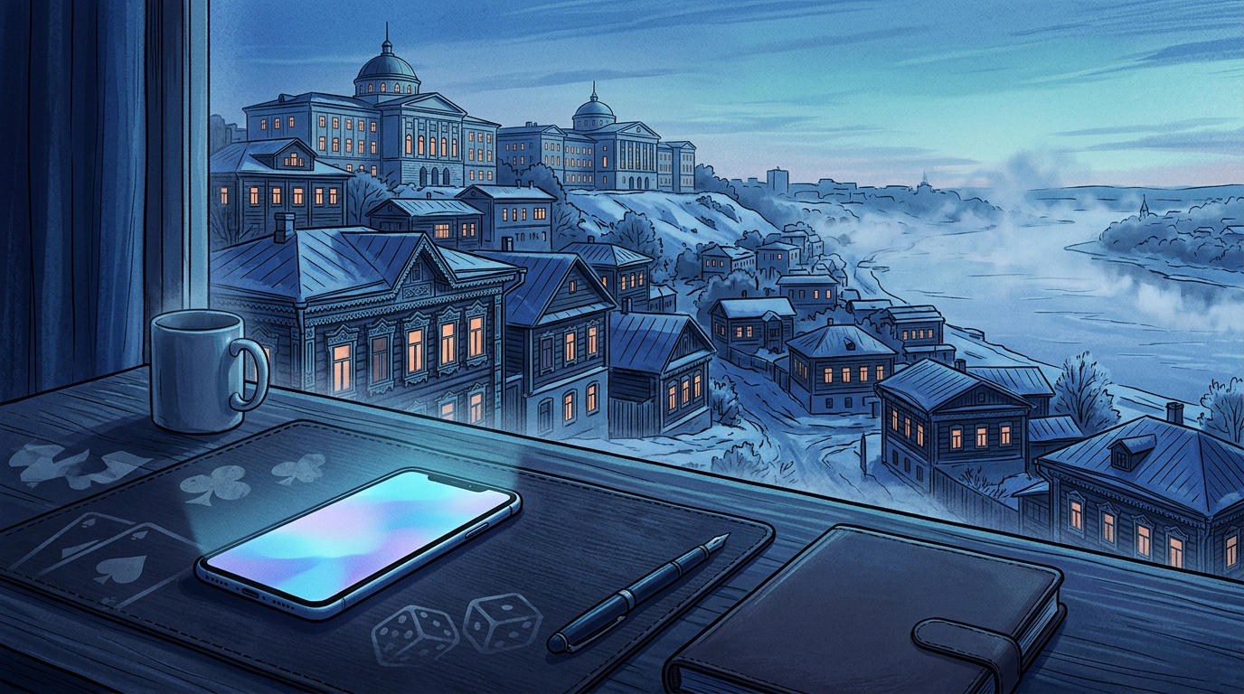 Иллюстрация к материалу о помощи при зависимости от ставок: городской контекст и символический образ выхода из игры без призыва к беттингу