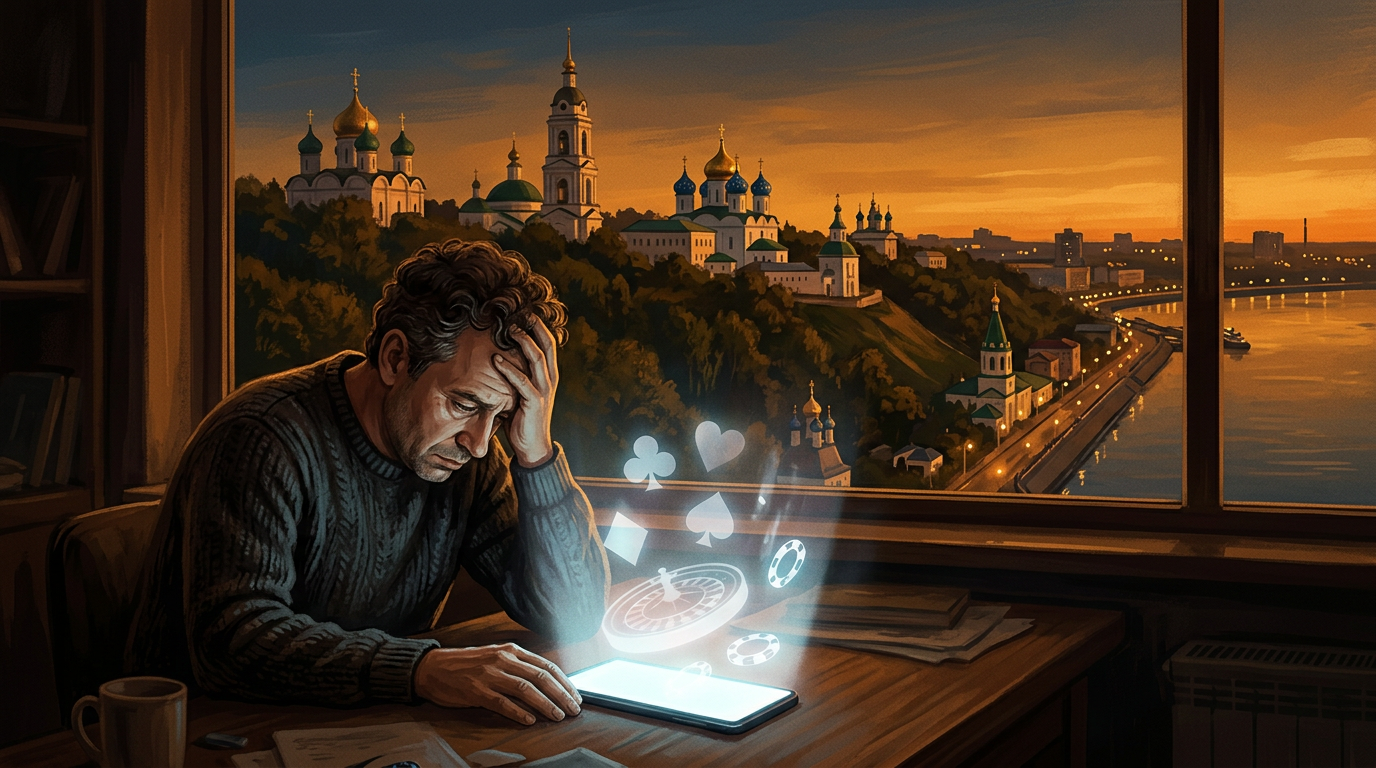 Иллюстрация к материалу о помощи при зависимости от ставок: городской контекст и символический образ выхода из игры без призыва к беттингу